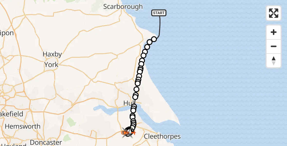 Flight path map showing Coastguard Helicopter route from North Sea to Humberside Airport