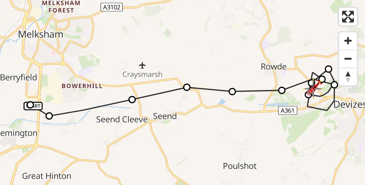 Flight path map showing Air Ambulance Helicopter route from Wiltshire Air Ambulance to Devizes
