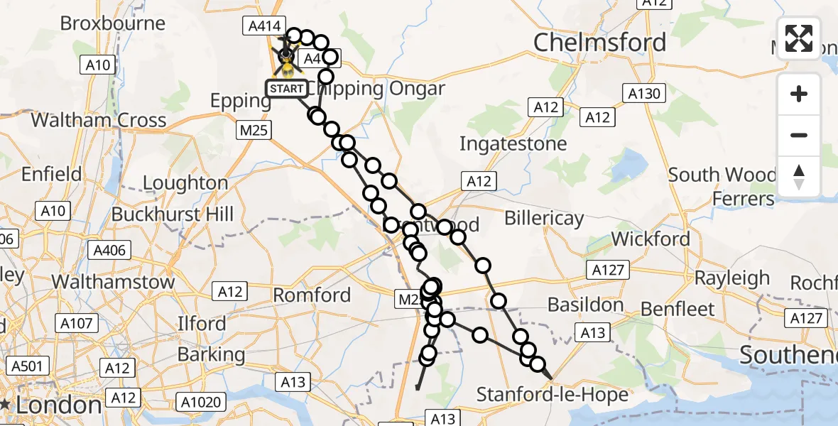 Flight path map showing Police Helicopter route from Woodhatch to North Weald Airfield