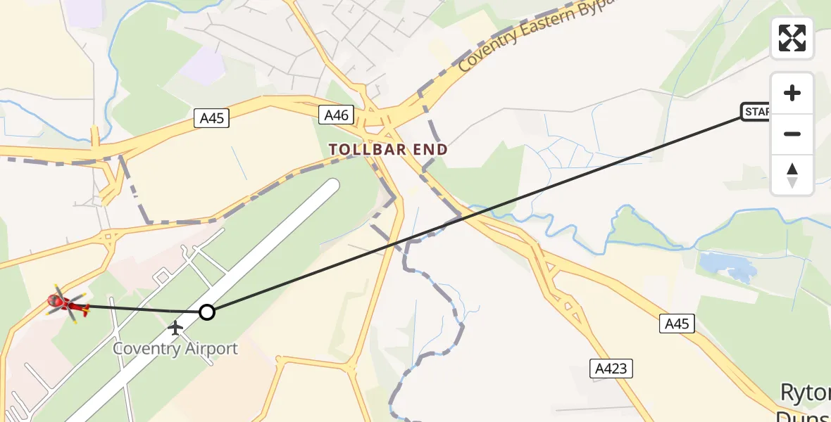 Flight path map showing Air Ambulance Helicopter route from Rugby to Baginton