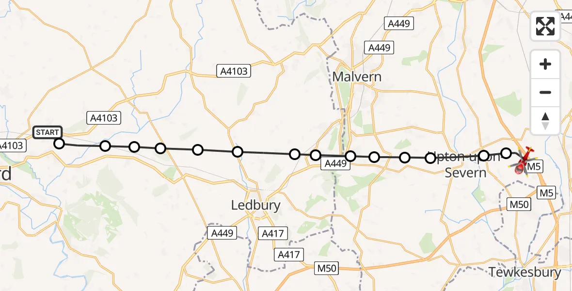 Flight path map showing Air Ambulance Helicopter route from Withington to Hill Croome