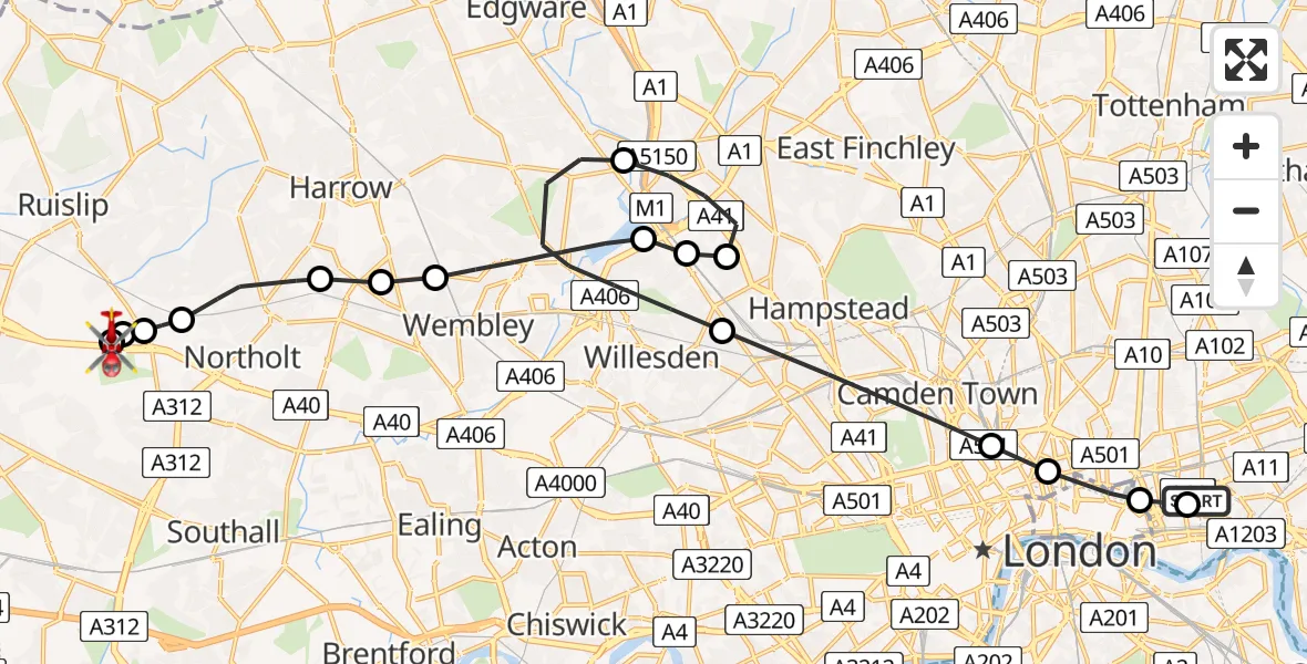 Flight path map showing Air Ambulance Helicopter route from Royal London Hospital to RAF Northolt
