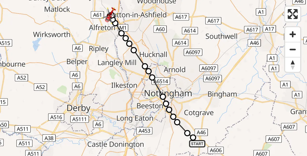 Flight path map showing Air Ambulance Helicopter route from Widmerpool to Tibshelf