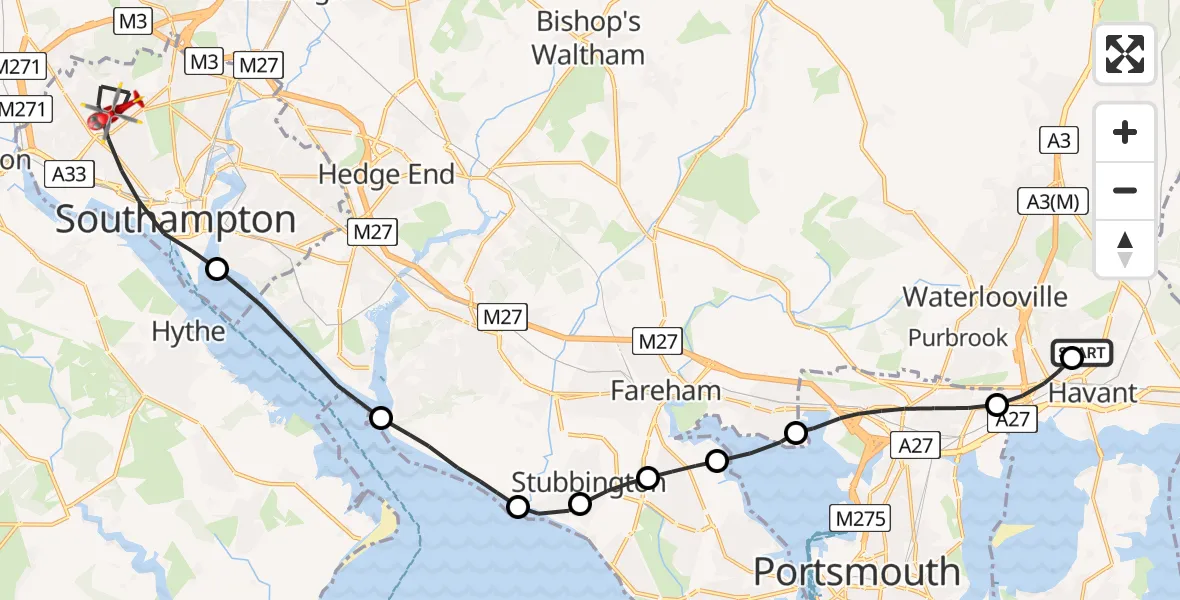Flight path map showing Air Ambulance Helicopter route from Warblington to University Hospital Southampton