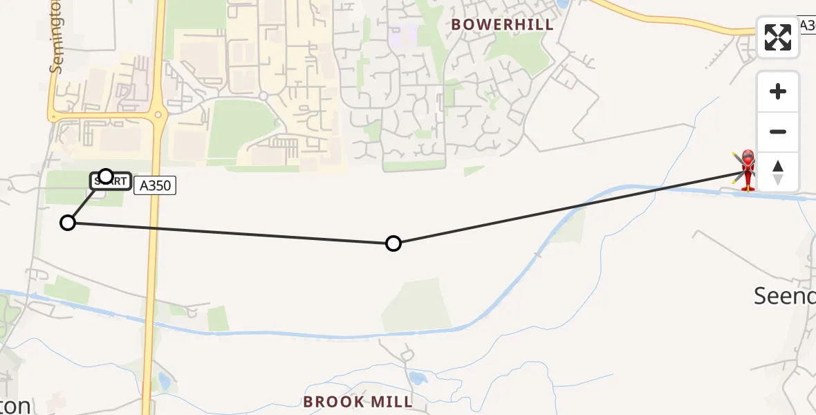 Flight path map showing Air Ambulance Helicopter route from Wiltshire Air Ambulance to Seend Cleeve