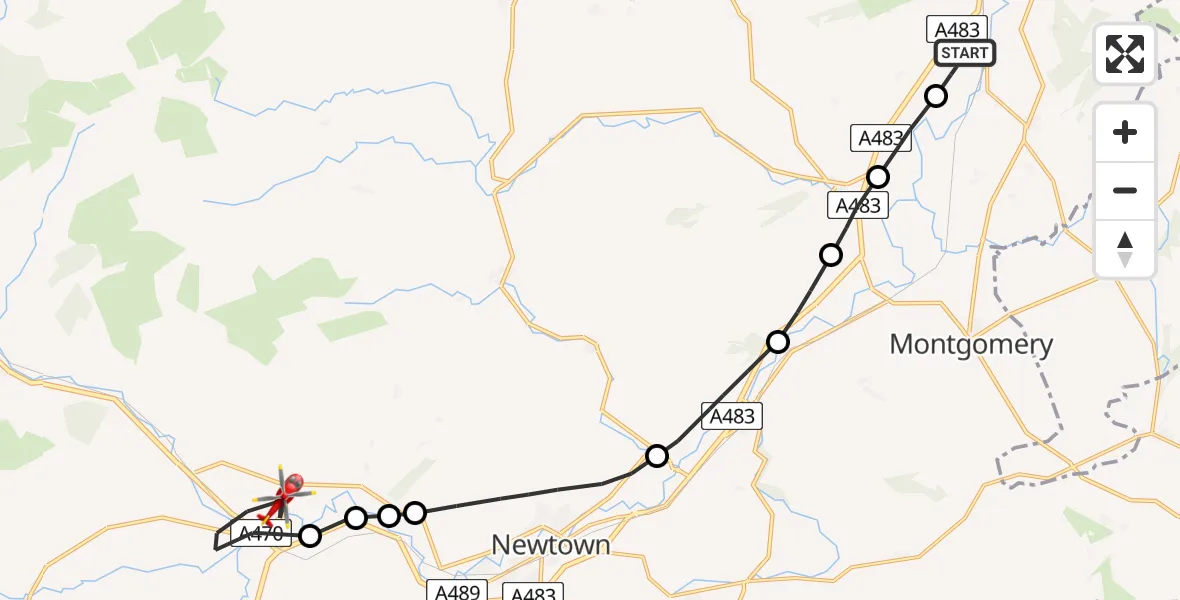 Flight path map showing Air Ambulance Helicopter route from Welshpool Airport to Caersws