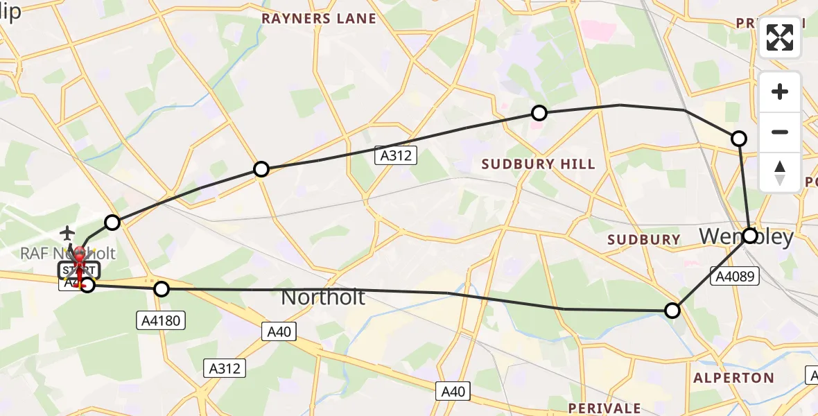 Flight path map showing Air Ambulance Helicopter route from RAF Northolt to RAF Northolt