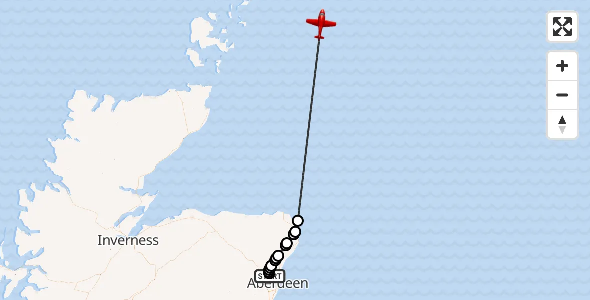 Flight path map showing Air Ambulance Aircraft route from Aberdeen International Airport to North Sea