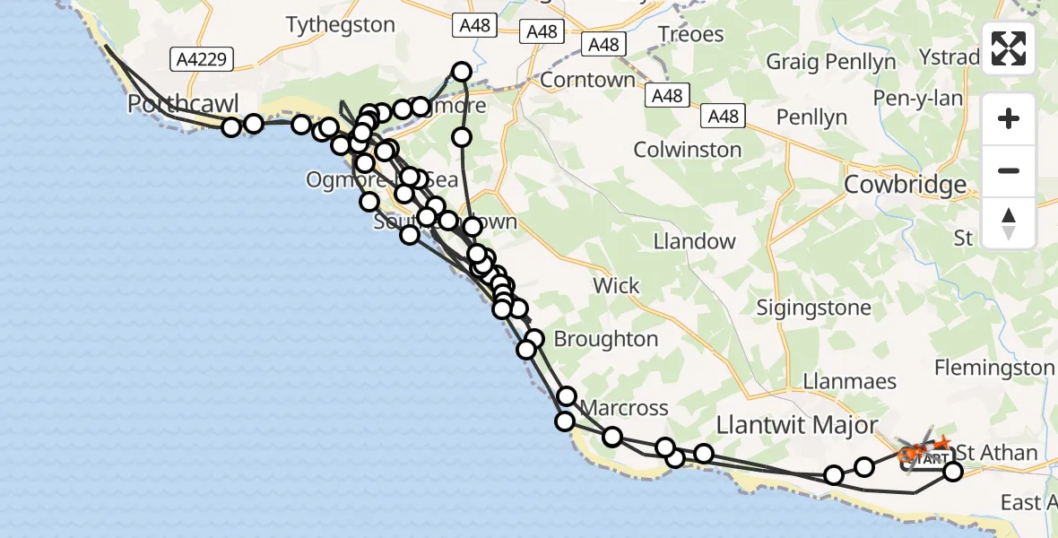 Flight path map showing Coastguard Helicopter route from MOD St Athan to MOD St Athan