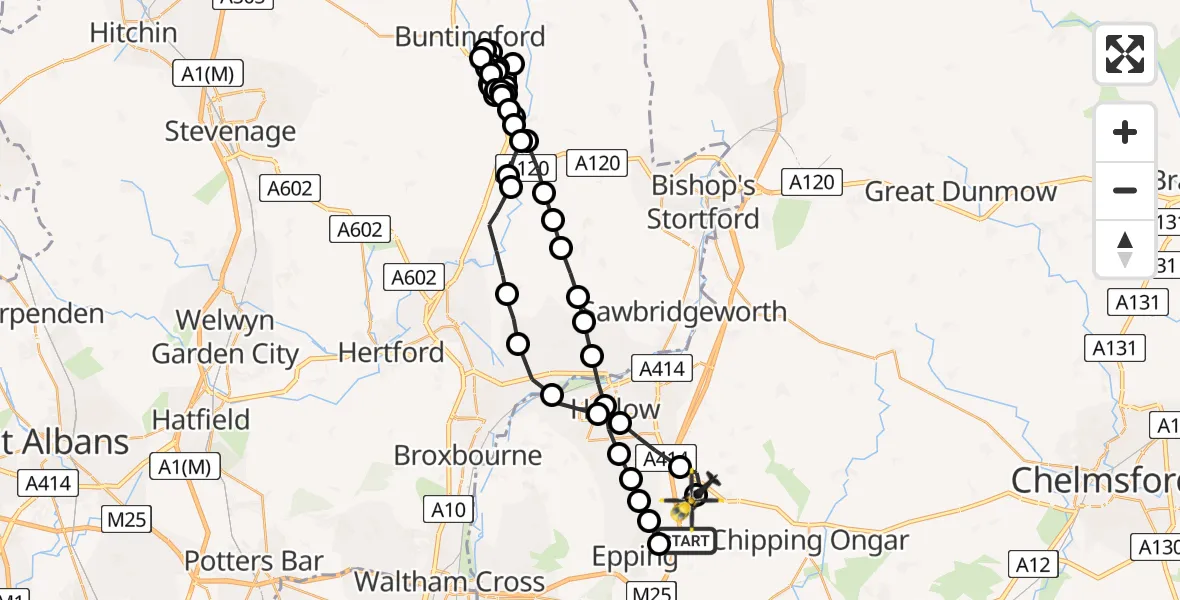 Flight path map showing Police Helicopter route from Coopersale to North Weald Airfield
