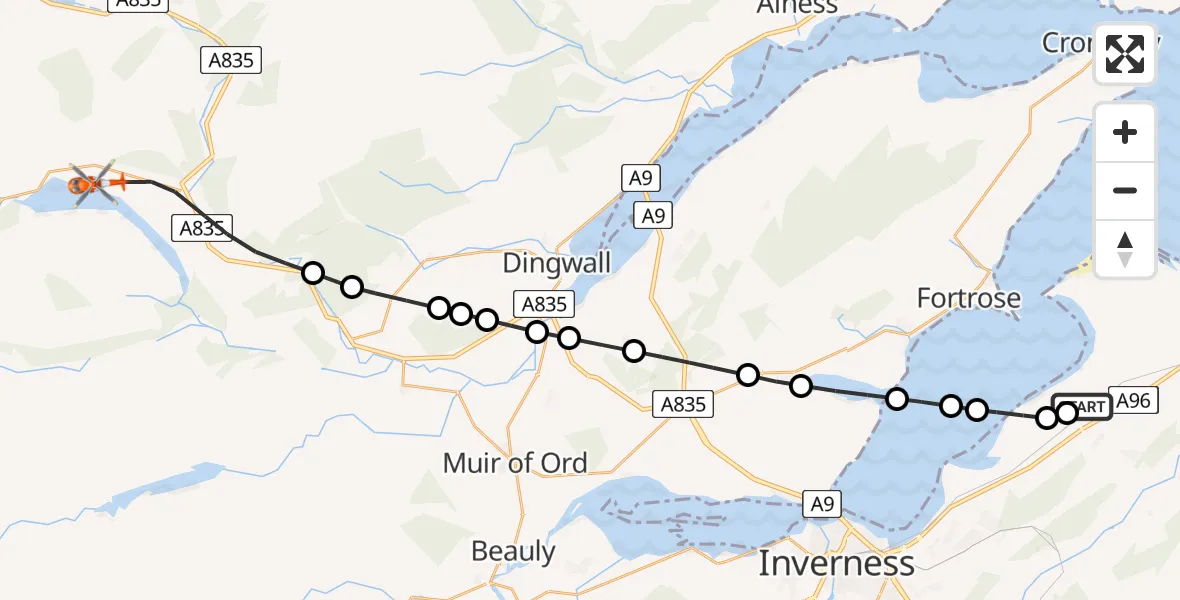 Flight path map showing Coastguard Helicopter route from Inverness Airport to Garve