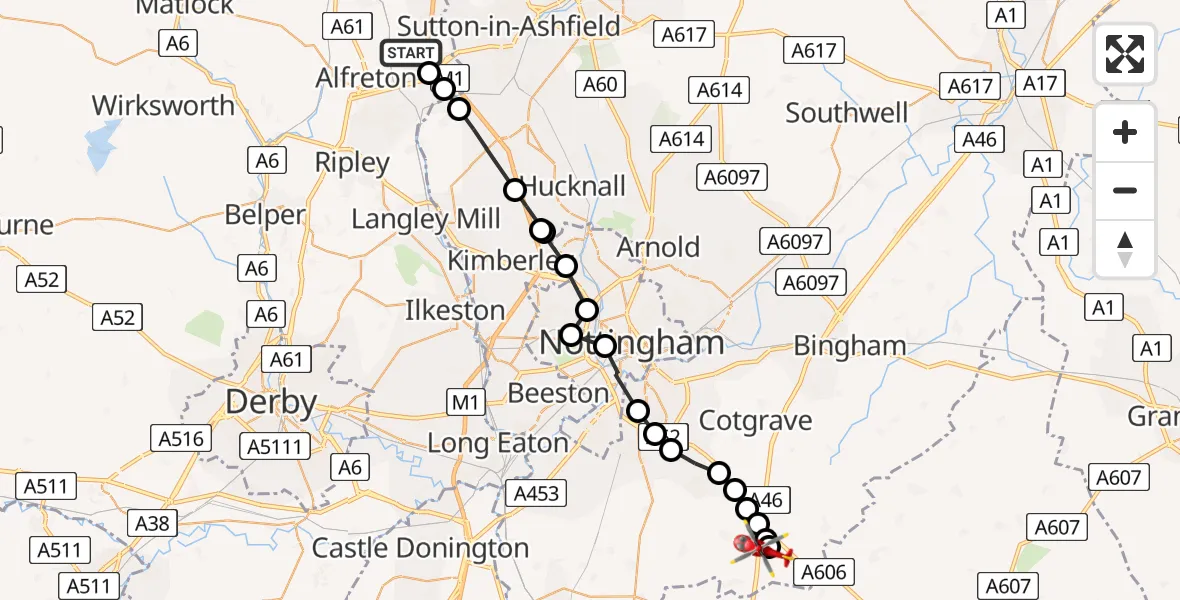 Flight path map showing Air Ambulance Helicopter route from Blackwell to Nottingham Heliport