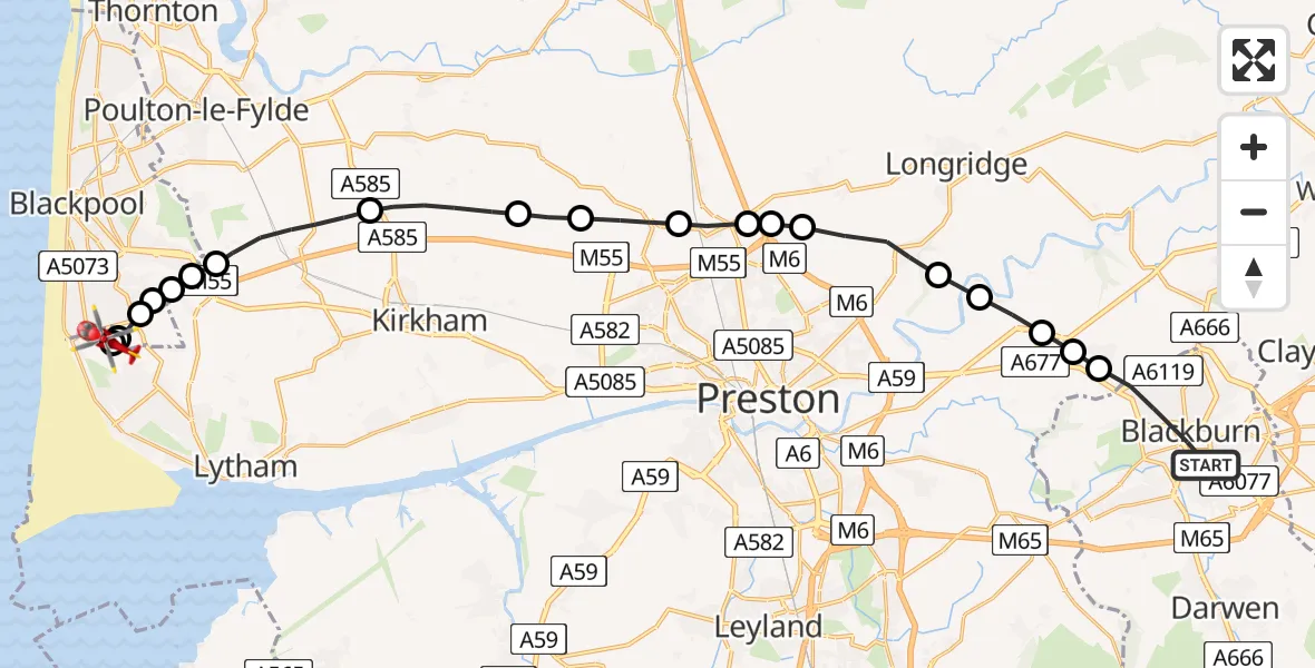Flight path map showing Air Ambulance Helicopter route from Blackburn to Blackpool Airport