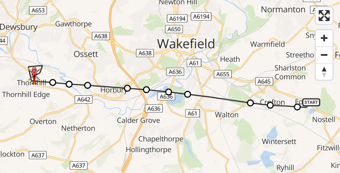 Flight path map showing Air Ambulance Helicopter route from YAA Nostell Helicopter Port to Thornhill