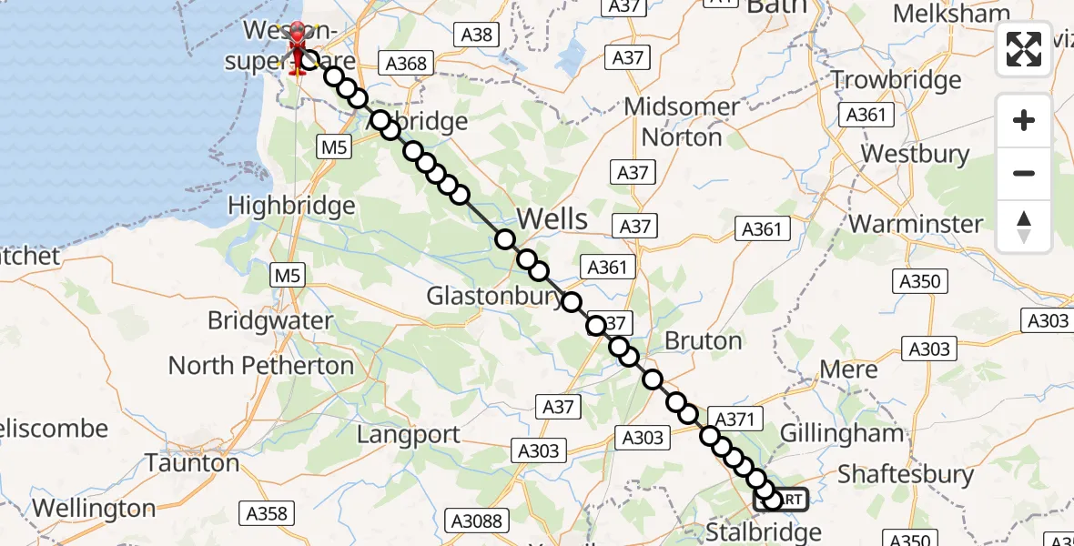 Flight path map showing Air Ambulance Helicopter route from Henstridge Airfield to Weston-super-Mare