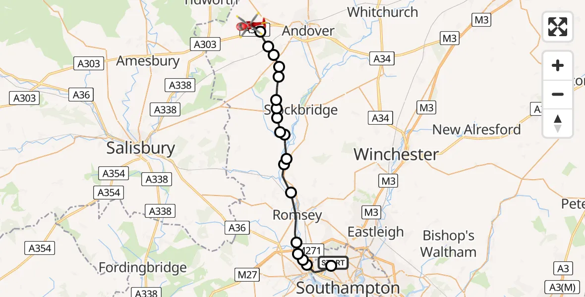 Routekaart van de vlucht: Air Ambulance Helicopter to Thruxton, Stanbury Road