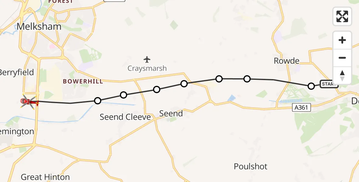 Flight path map showing Air Ambulance Helicopter route from Devizes to Melksham