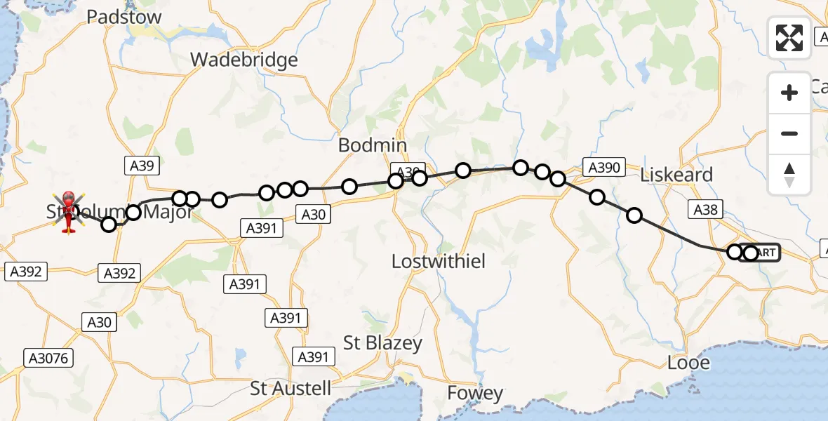 Flight path map showing Air Ambulance Helicopter route from Liskeard Heliport to Cornwall Airport Newquay