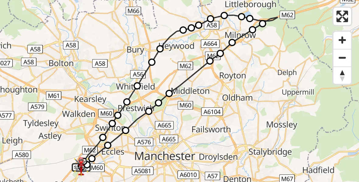 Flight path map showing Air Ambulance Helicopter route from Manchester Barton Aerodrome to Irlam