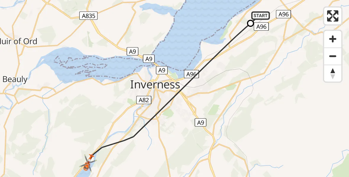 Flight path map showing Coastguard Helicopter route from Inverness Airport to Loch Ness