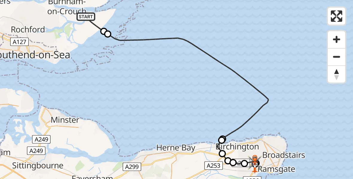 Flight path map showing Coastguard Helicopter route from Rochford to Manston Airport