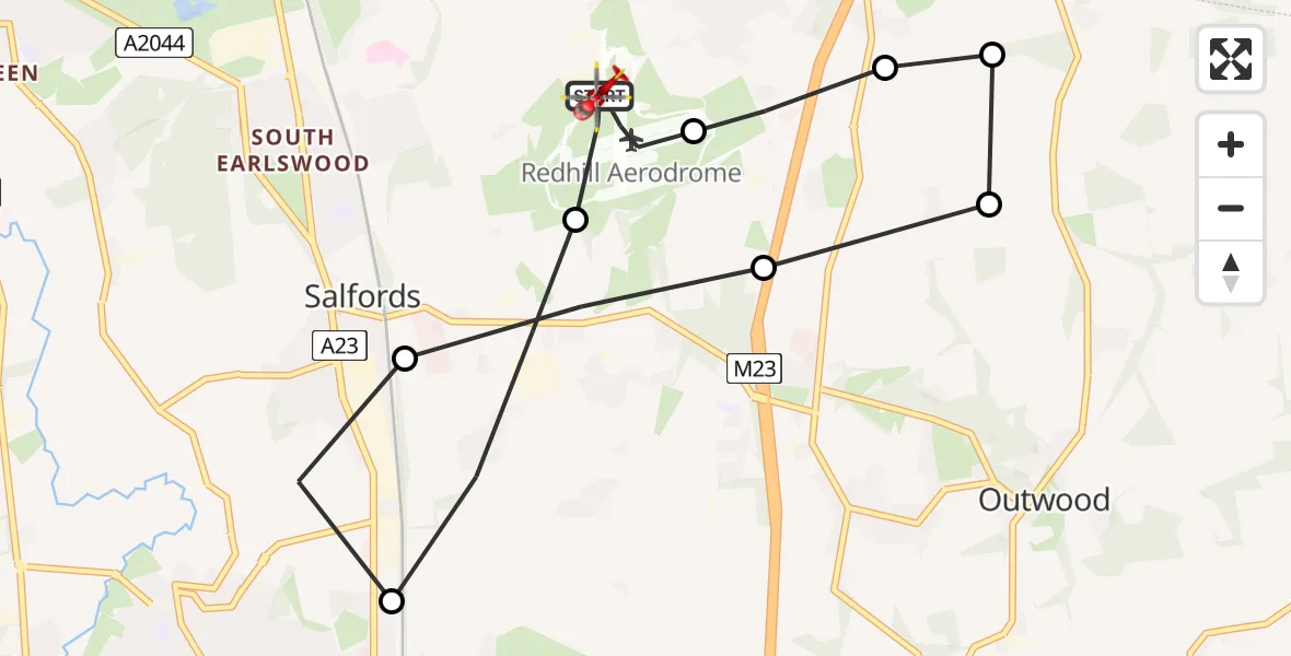 Flight path map showing Air Ambulance Helicopter route from Redhill Aerodrome to Redhill Aerodrome