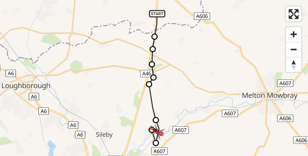 Flight path map showing Air Ambulance Helicopter route from Rushcliffe to Thrussington