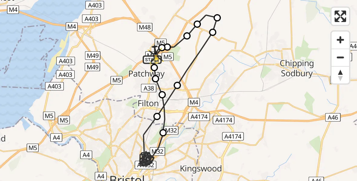 Flight path map showing Police Helicopter route from Patchway to Almondsbury Helicopter Base