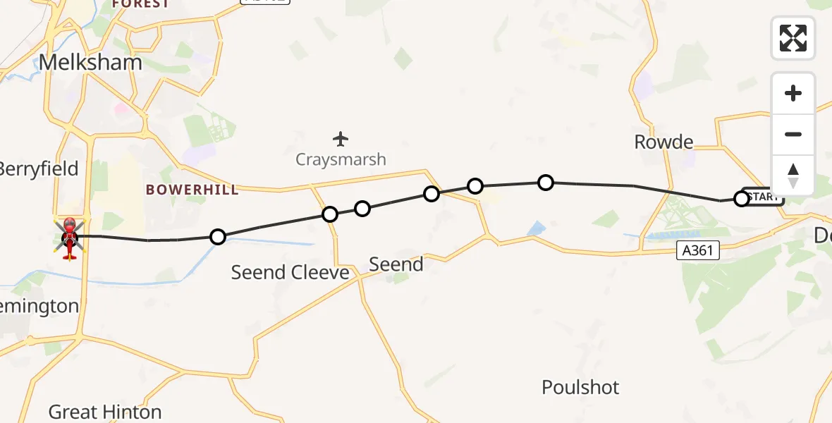 Flight path map showing Air Ambulance Helicopter route from Devizes to Wiltshire Air Ambulance
