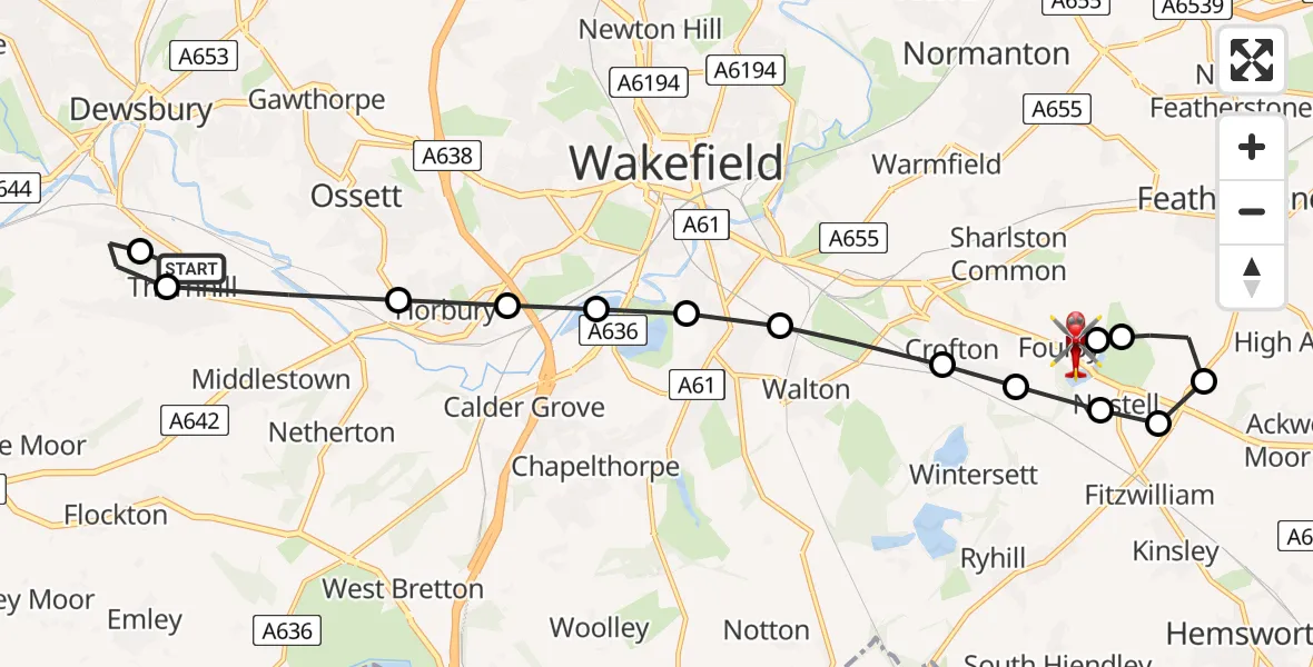 Flight path map showing Air Ambulance Helicopter route from Thornhill to YAA Nostell Helicopter Port