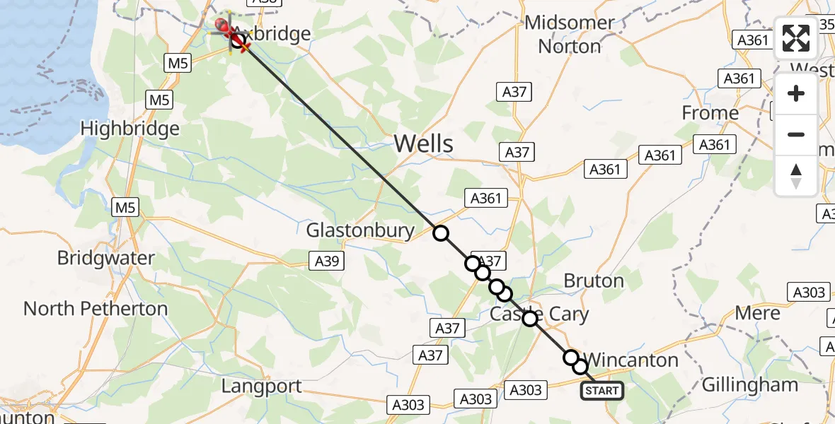 Flight path map showing Air Ambulance Helicopter route from Holton to Compton Bishop