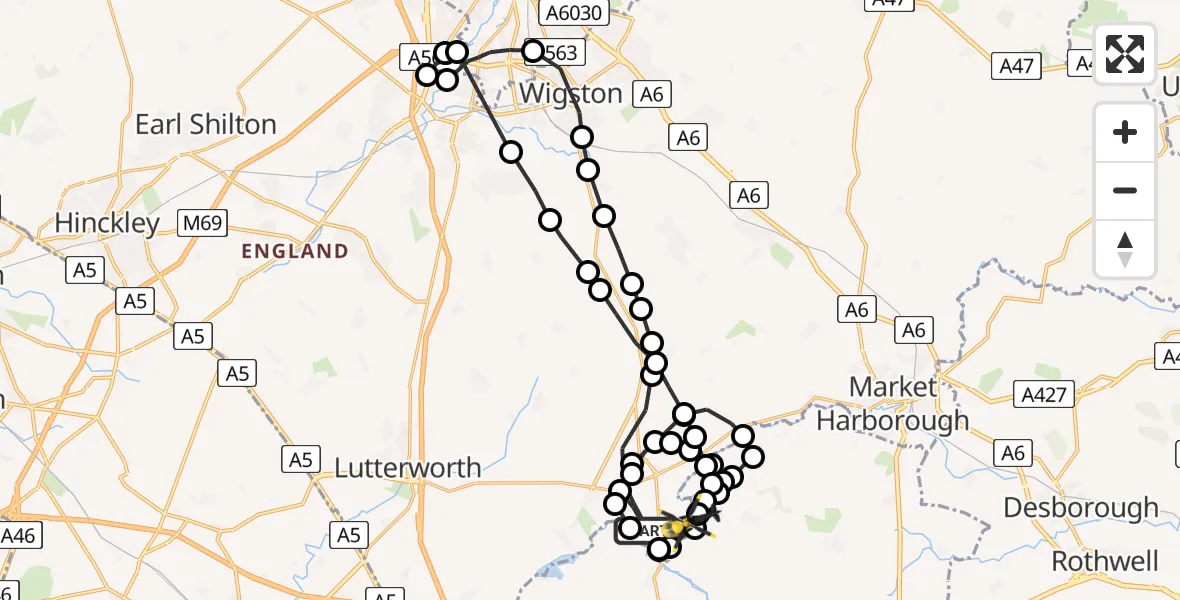 Flight path map showing Police Helicopter route from Husbands Bosworth to Harborough