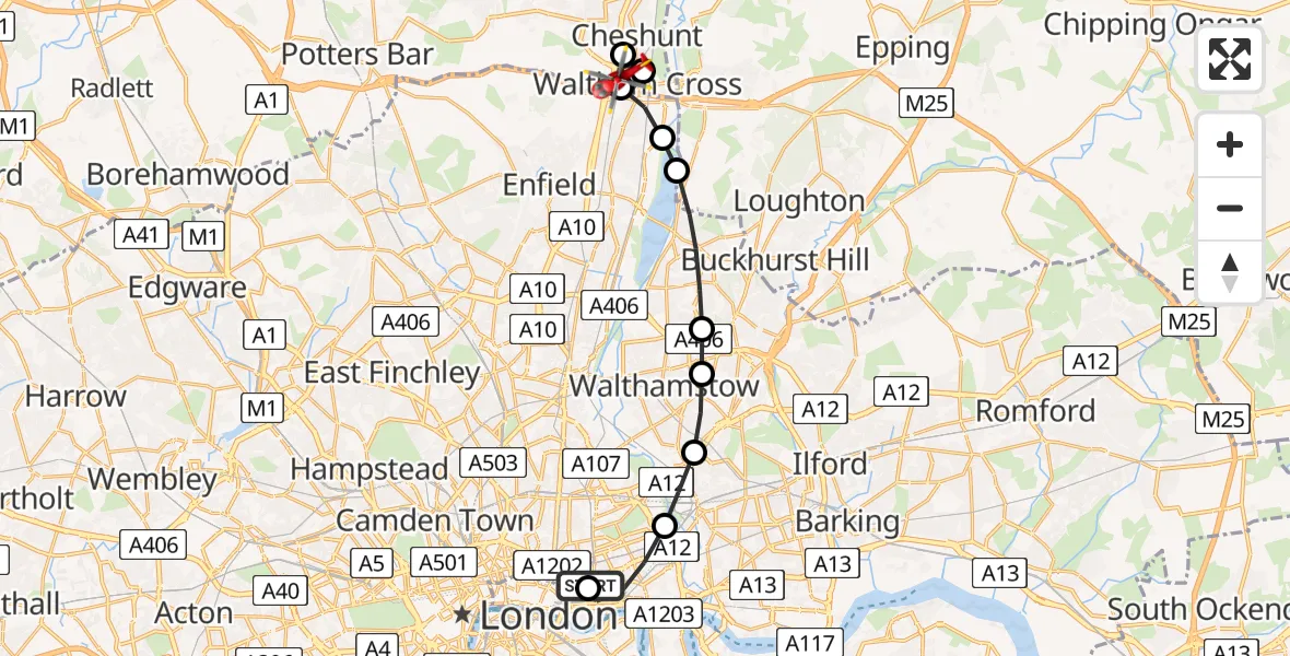 Flight path map showing Air Ambulance Helicopter route from Royal London Hospital to Waltham Cross