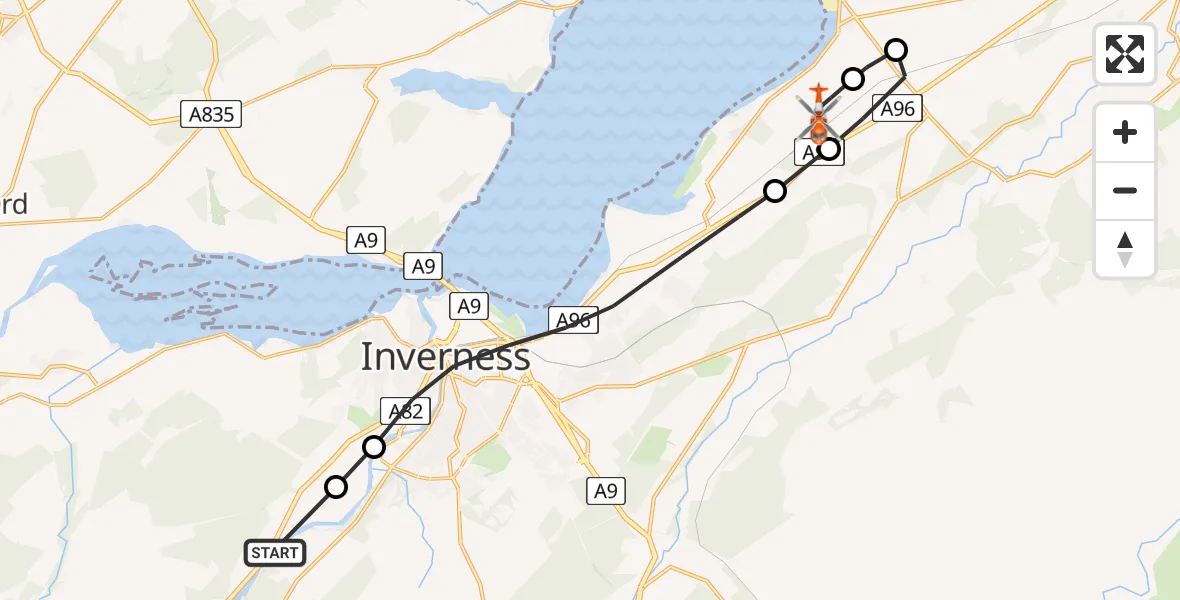 Flight path map showing Coastguard Helicopter route from Inverness to Inverness Airport
