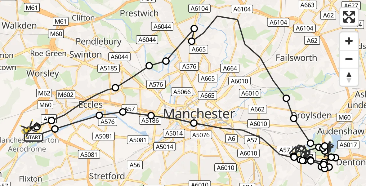 Flight path map showing Police Helicopter route from Manchester Barton Aerodrome to Manchester Barton Aerodrome