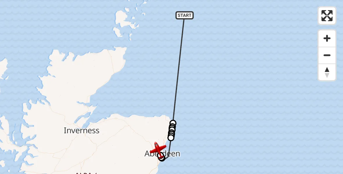 Flight path map showing Air Ambulance Aircraft route from North Sea to Aberdeen International Airport