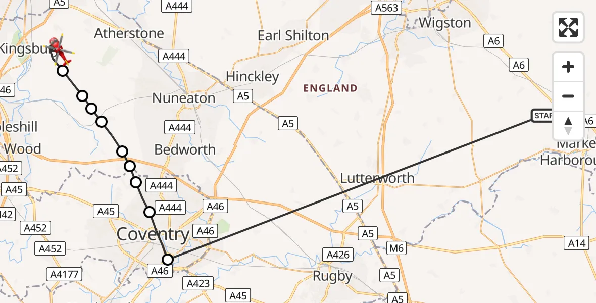 Flight path map showing Air Ambulance Helicopter route from Foxton to Hurley