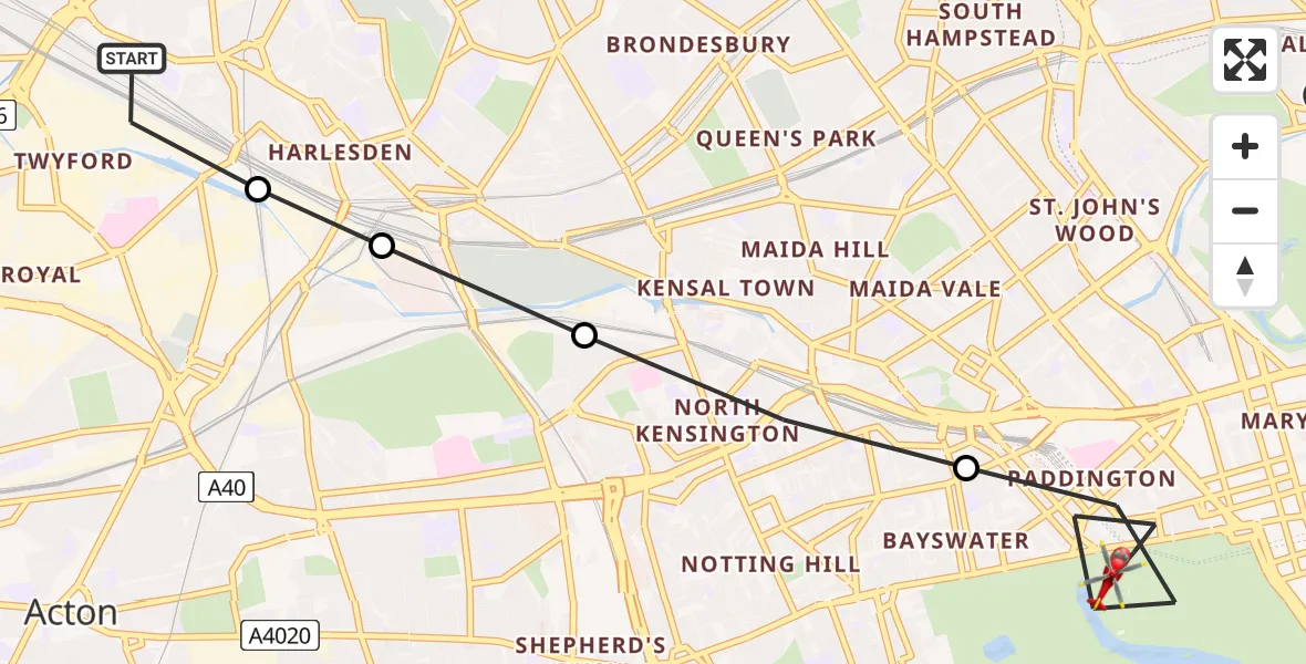 Flight path map showing Air Ambulance Helicopter route from London Borough of Brent to City of Westminster