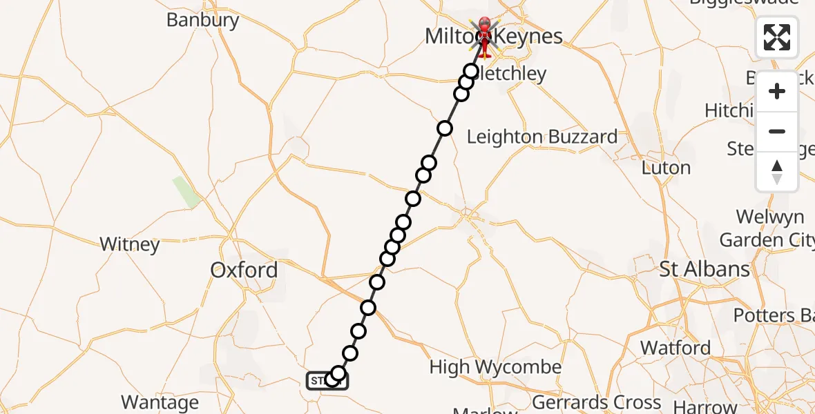 Flight path map showing Air Ambulance Helicopter route from RAF Benson to Wolverton