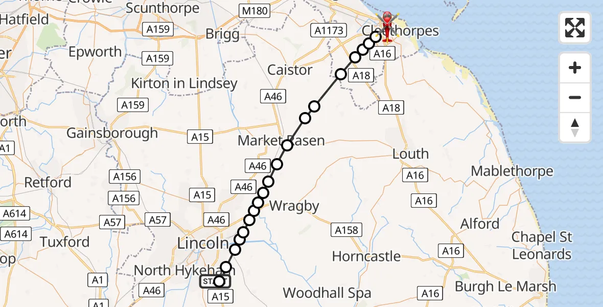 Flight path map showing Air Ambulance Helicopter route from RAF Waddington to Grimsby