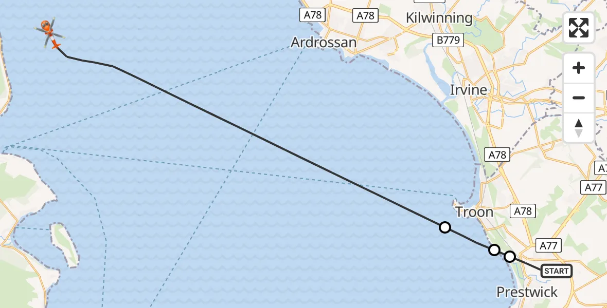 Flight path map showing Coastguard Helicopter route from Glasgow Prestwick Airport to Inner Seas