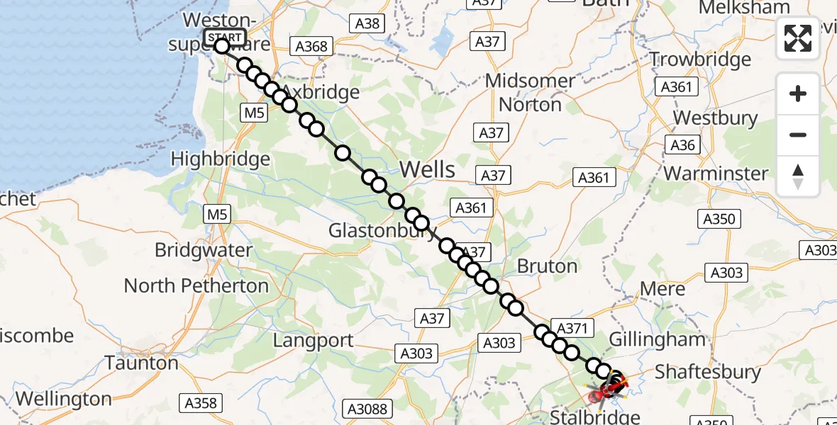 Flight path map showing Air Ambulance Helicopter route from Weston-super-Mare to Henstridge Airfield