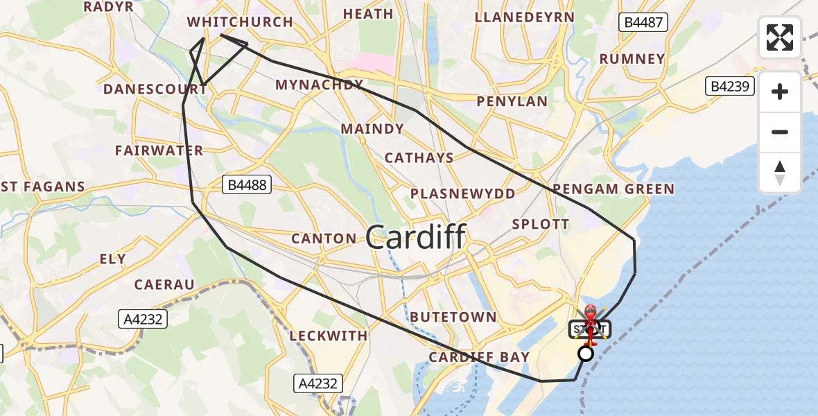 Flight path map showing Air Ambulance Helicopter route from Cardiff Heliport to Cardiff Heliport