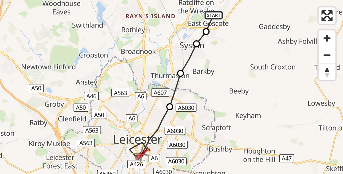 Flight path map showing Air Ambulance Helicopter route from Ratcliffe on the Wreake to Leicester