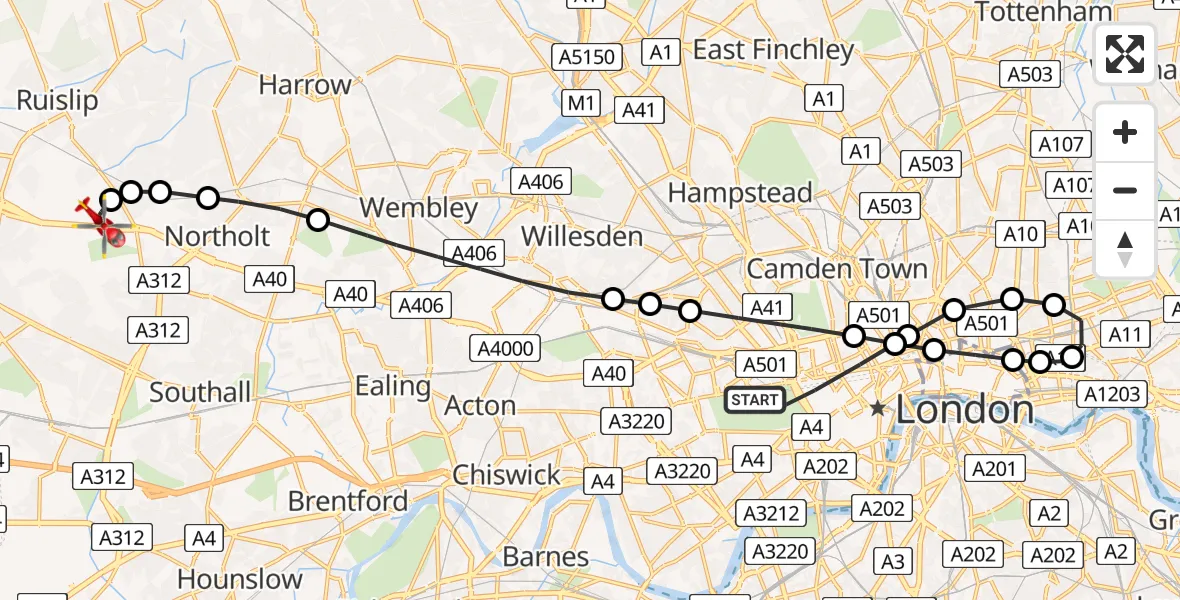 Flight path map showing Air Ambulance Helicopter route from City of Westminster to RAF Northolt