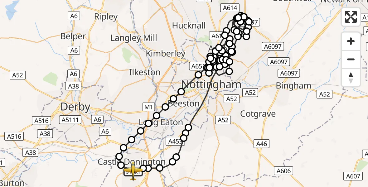 Flight path map showing Police Aircraft route from East Midlands Airport to East Midlands Airport