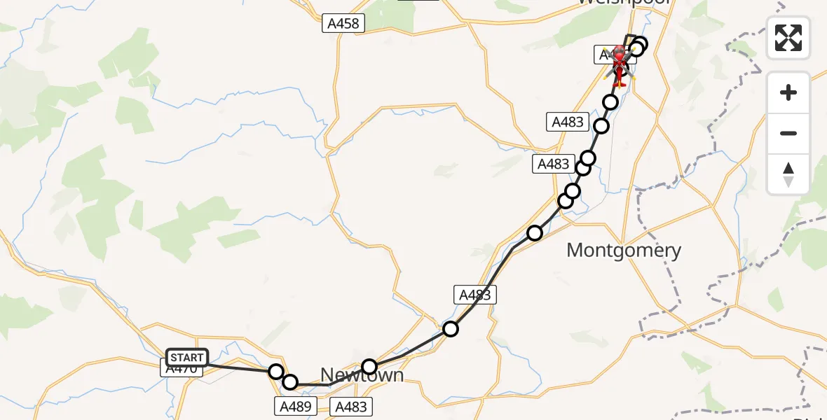 Flight path map showing Air Ambulance Helicopter route from Caersws to Welshpool Airport