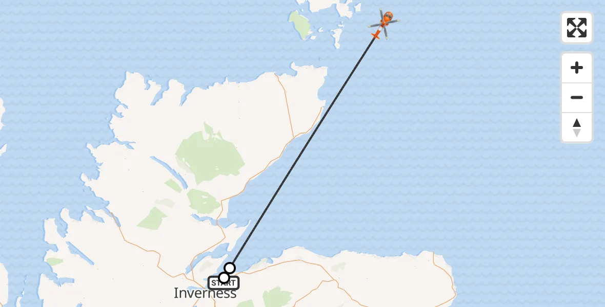 Flight path map showing Coastguard Helicopter route from Inverness Airport to North Sea