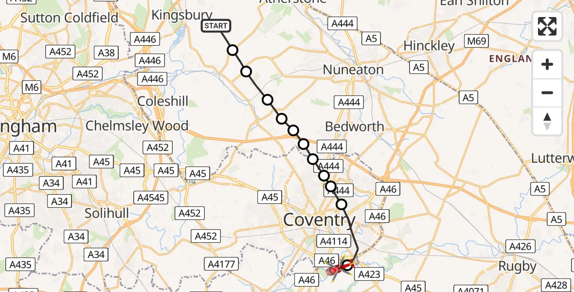 Flight path map showing Air Ambulance Helicopter route from Hurley to Coventry Airport