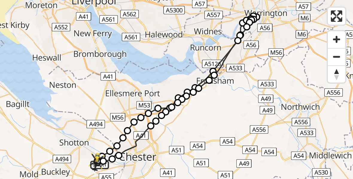 Flight path map showing Police Helicopter route from Hawarden Airport to Broughton and Bretton
